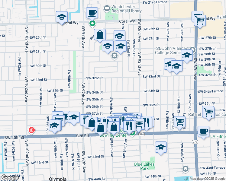 map of restaurants, bars, coffee shops, grocery stores, and more near 3335 Southwest 94th Avenue in Miami