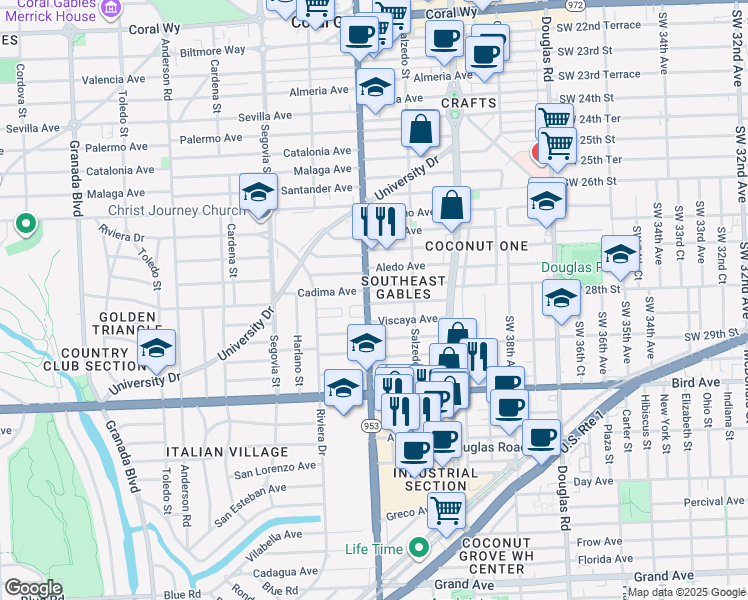 map of restaurants, bars, coffee shops, grocery stores, and more near 345 Alesio Avenue in Coral Gables
