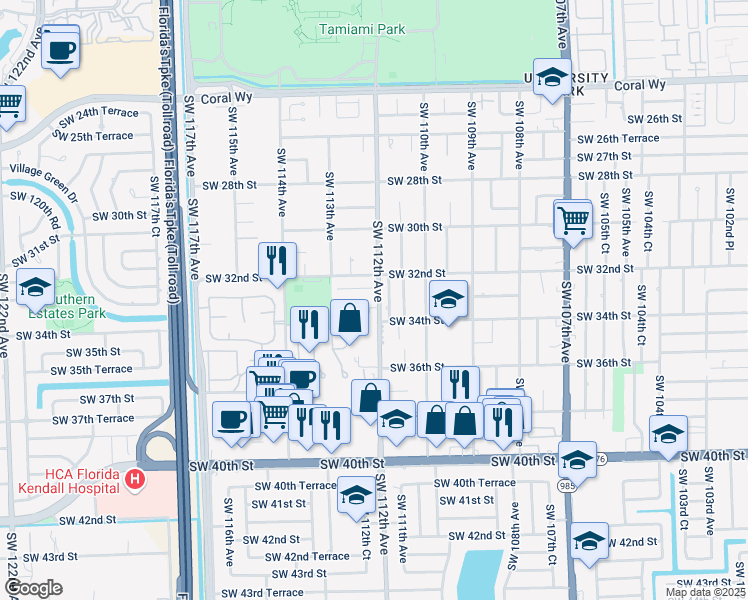 map of restaurants, bars, coffee shops, grocery stores, and more near 11205 Southwest 33rd Circle Place in Miami
