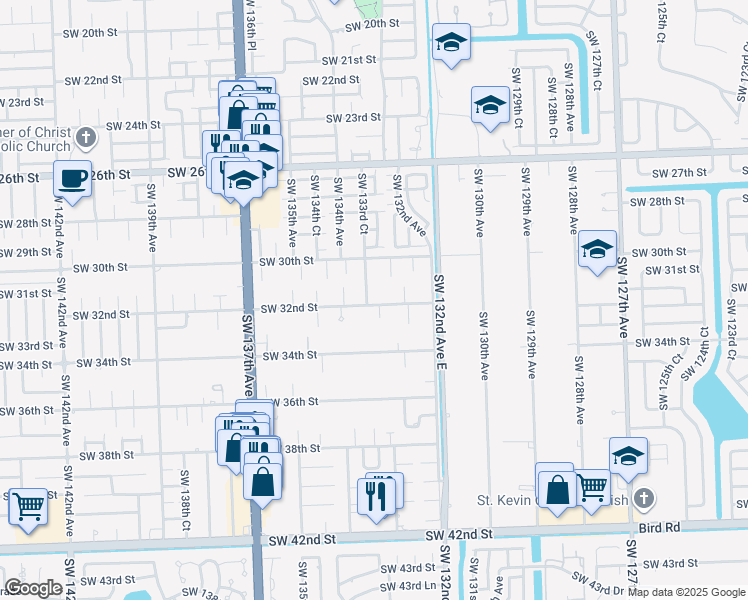 map of restaurants, bars, coffee shops, grocery stores, and more near 3191 Southwest 133rd Court in Miami