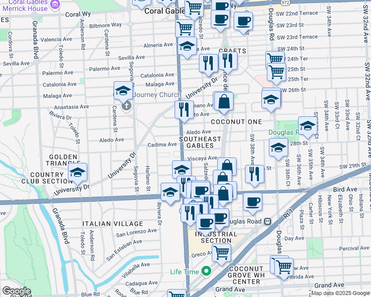 map of restaurants, bars, coffee shops, grocery stores, and more near 345 Alesio Avenue in Coral Gables