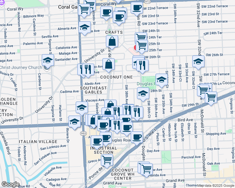 map of restaurants, bars, coffee shops, grocery stores, and more near 2812 Southwest 38th Court in Miami