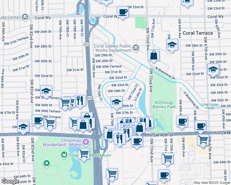 map of restaurants, bars, coffee shops, grocery stores, and more near 7430 Southwest 34th Street in Miami