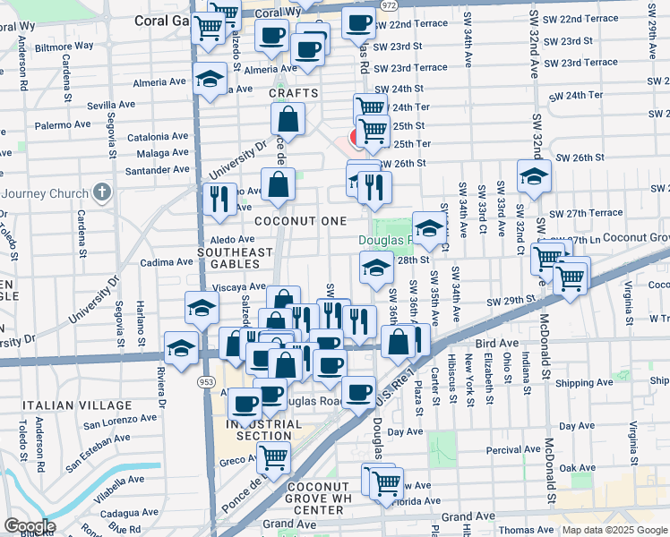 map of restaurants, bars, coffee shops, grocery stores, and more near 2819 Southwest 38th Avenue in Miami