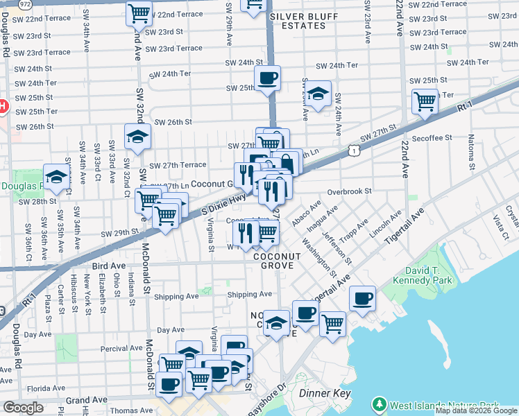 map of restaurants, bars, coffee shops, grocery stores, and more near 2740 Southwest 28th Terrace in Miami