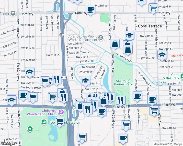 map of restaurants, bars, coffee shops, grocery stores, and more near 7370 Southwest 34th Street in Miami