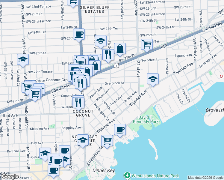 map of restaurants, bars, coffee shops, grocery stores, and more near 2910 Calusa Street in Miami