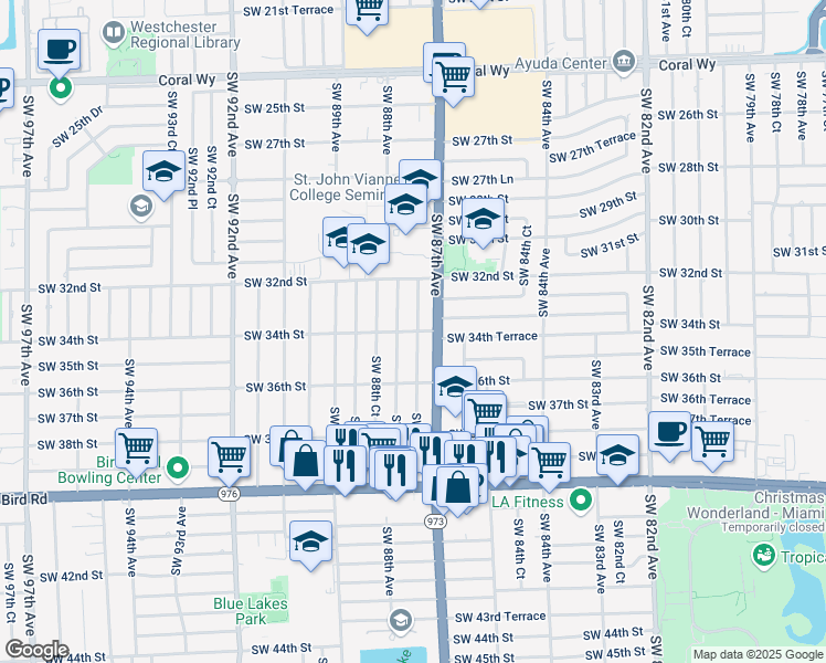 map of restaurants, bars, coffee shops, grocery stores, and more near 8761 Southwest 34th Street in Miami