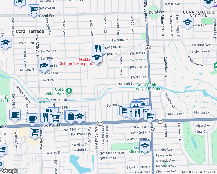 map of restaurants, bars, coffee shops, grocery stores, and more near 6036 North Waterway Drive in Miami