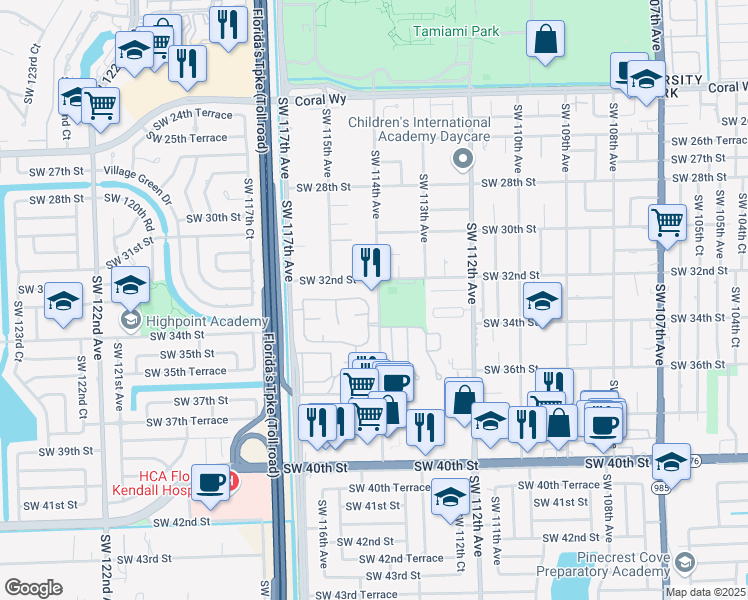 map of restaurants, bars, coffee shops, grocery stores, and more near 11426 Southwest 32nd Lane in Miami