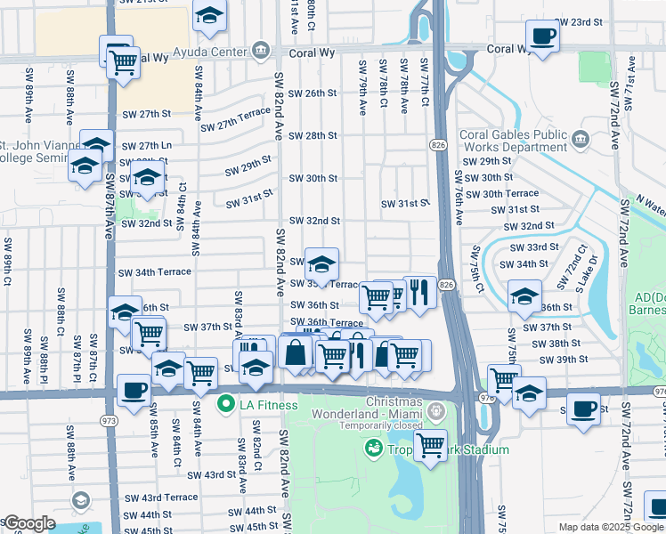 map of restaurants, bars, coffee shops, grocery stores, and more near 7970 Southwest 34th Street in Miami