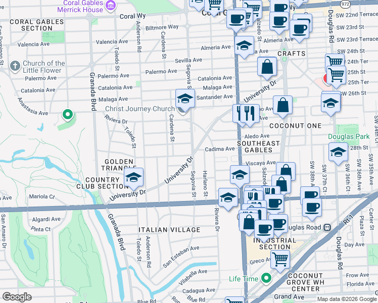 map of restaurants, bars, coffee shops, grocery stores, and more near 3520 Segovia Street in Coral Gables