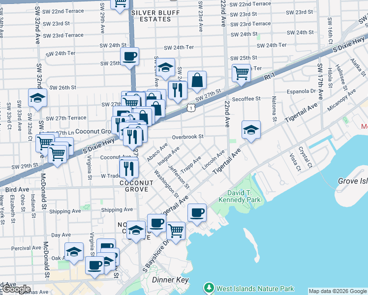 map of restaurants, bars, coffee shops, grocery stores, and more near 2910 Calusa Street in Miami