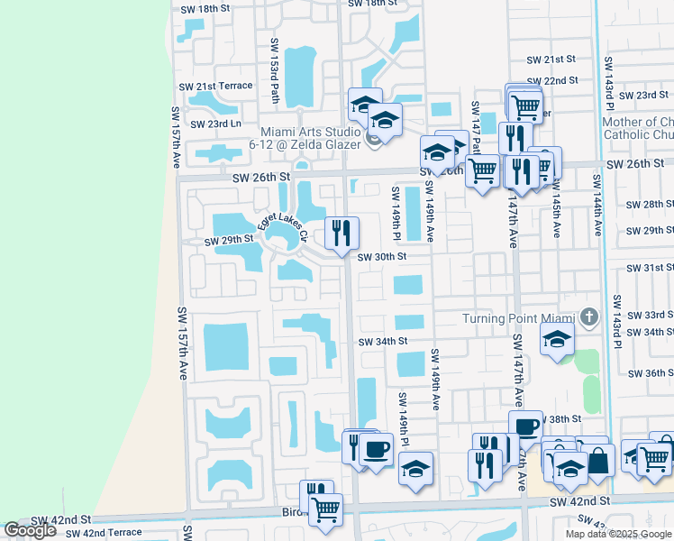 map of restaurants, bars, coffee shops, grocery stores, and more near 15218 Southwest 30th Terrace in Miami