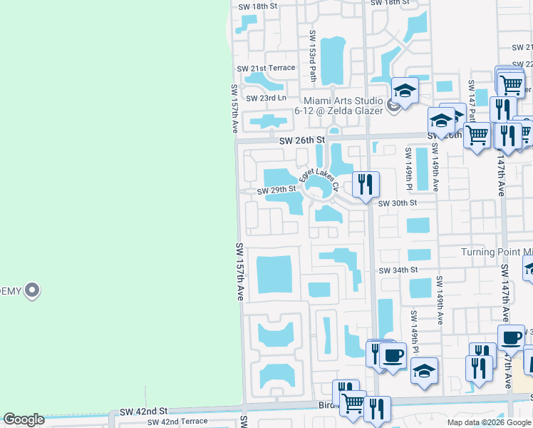 map of restaurants, bars, coffee shops, grocery stores, and more near 3026 Southwest 155th Avenue in Miami