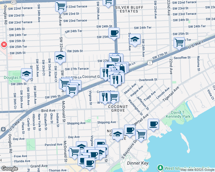 map of restaurants, bars, coffee shops, grocery stores, and more near 2800 Southwest 28th Terrace in Miami