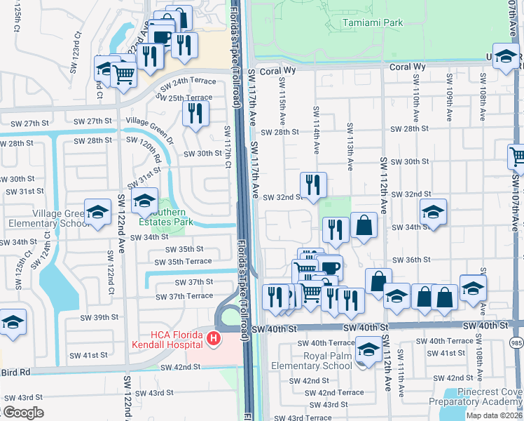 map of restaurants, bars, coffee shops, grocery stores, and more near 3250 Southwest 116th Place in Miami