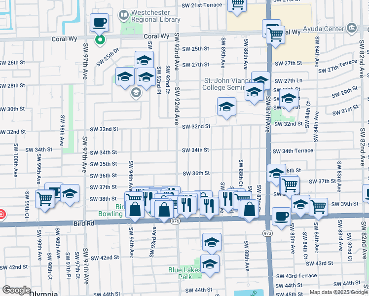 map of restaurants, bars, coffee shops, grocery stores, and more near 9111 SW 34th St in Miami