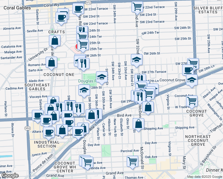 map of restaurants, bars, coffee shops, grocery stores, and more near 2815 Southwest 34th Avenue in Miami