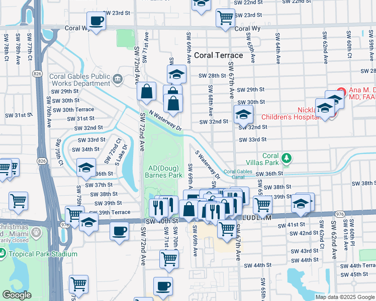 map of restaurants, bars, coffee shops, grocery stores, and more near 3322 Southwest 69th Avenue in Miami