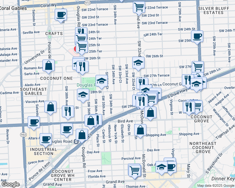map of restaurants, bars, coffee shops, grocery stores, and more near 2820 Southwest 33rd Court in Miami
