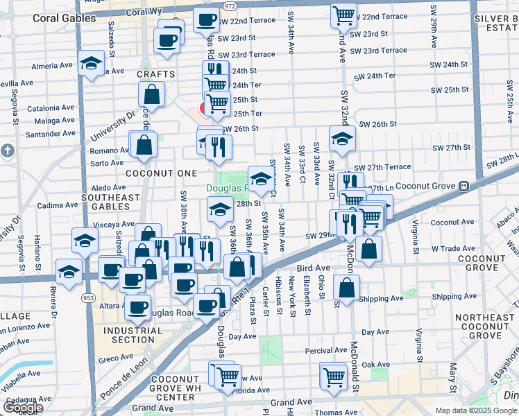 map of restaurants, bars, coffee shops, grocery stores, and more near 2812 Southwest 35th Avenue in Miami