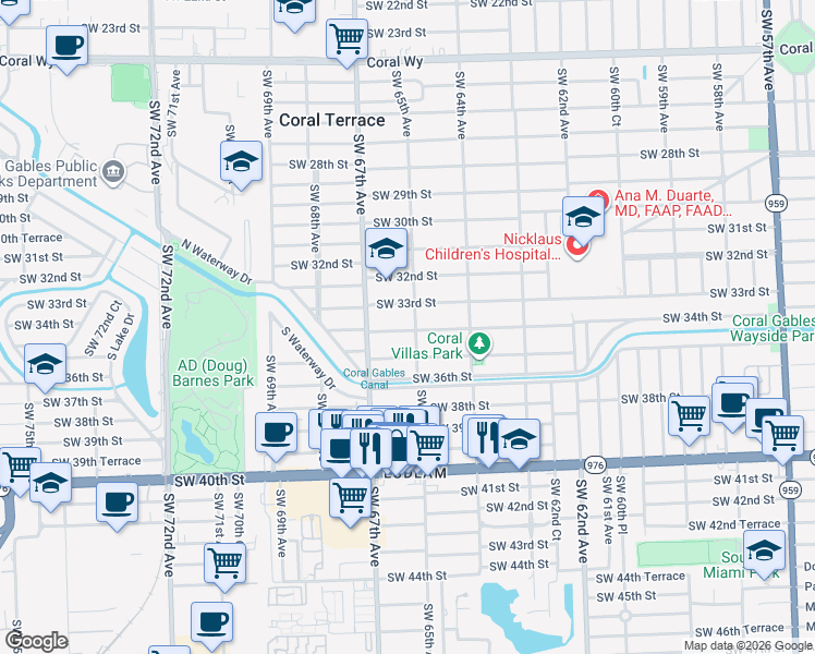 map of restaurants, bars, coffee shops, grocery stores, and more near 6496 Southwest 34th Street in Miami