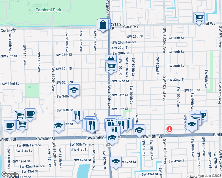 map of restaurants, bars, coffee shops, grocery stores, and more near 3310 Southwest 106th Avenue in Miami