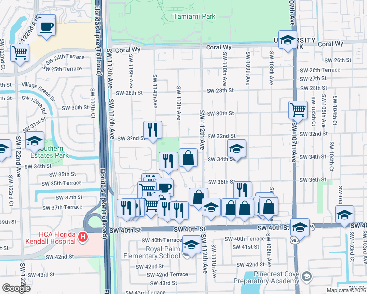 map of restaurants, bars, coffee shops, grocery stores, and more near 11266 Southwest 33rd Street in Miami