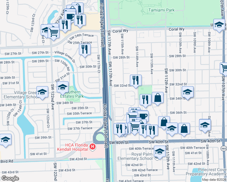 map of restaurants, bars, coffee shops, grocery stores, and more near 3250 Southwest 116th Place in Miami