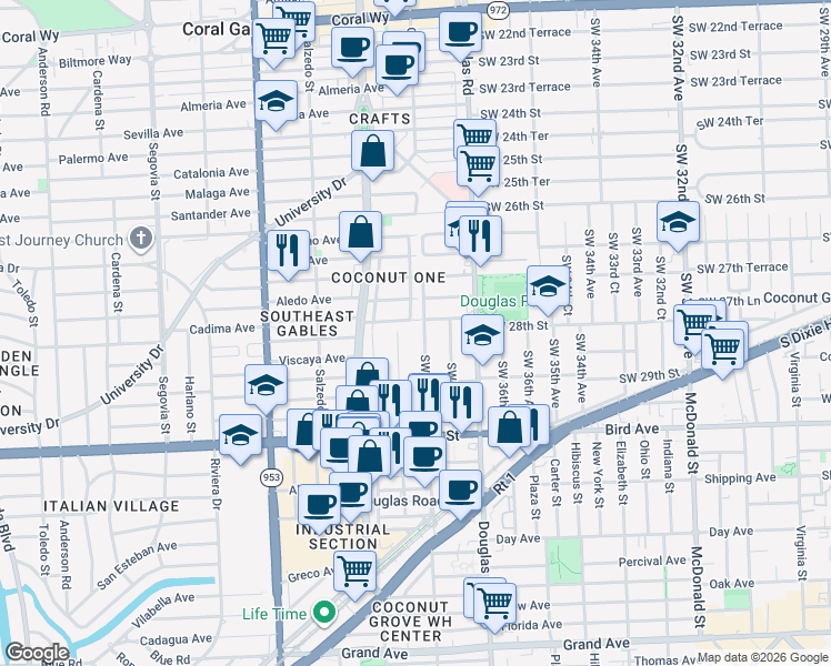 map of restaurants, bars, coffee shops, grocery stores, and more near 2819 Southwest 38th Avenue in Miami