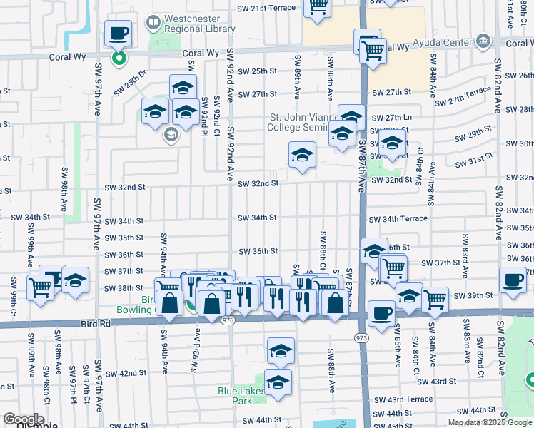 map of restaurants, bars, coffee shops, grocery stores, and more near 8991 Southwest 34th Street in Miami
