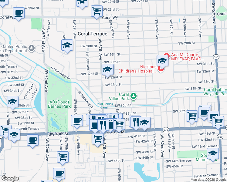 map of restaurants, bars, coffee shops, grocery stores, and more near 6496 Southwest 34th Street in Miami