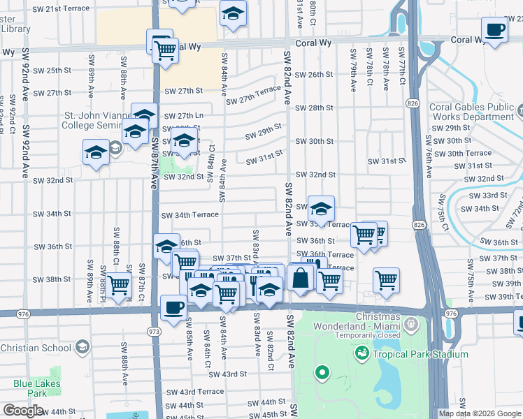 map of restaurants, bars, coffee shops, grocery stores, and more near 8271 Southwest 34th Terrace in Miami
