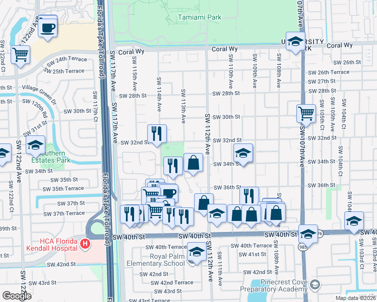 map of restaurants, bars, coffee shops, grocery stores, and more near 11266 Southwest 33rd Street in Miami