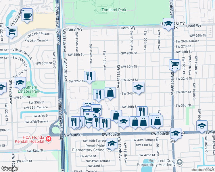 map of restaurants, bars, coffee shops, grocery stores, and more near 11266 Southwest 33rd Street in Miami