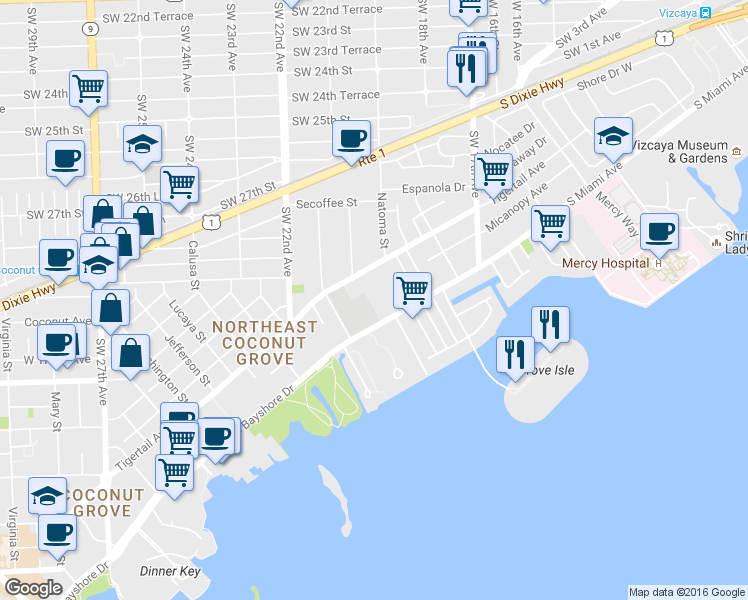 map of restaurants, bars, coffee shops, grocery stores, and more near 2003 South Bayshore Drive in Miami