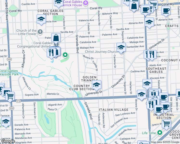 map of restaurants, bars, coffee shops, grocery stores, and more near 925 Escobar Avenue in Coral Gables