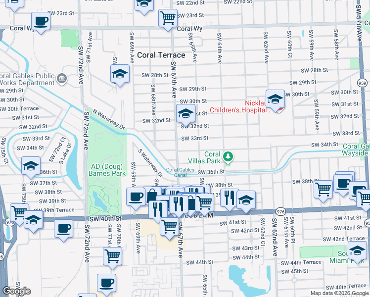 map of restaurants, bars, coffee shops, grocery stores, and more near 6571 Southwest 34th Street in Miami