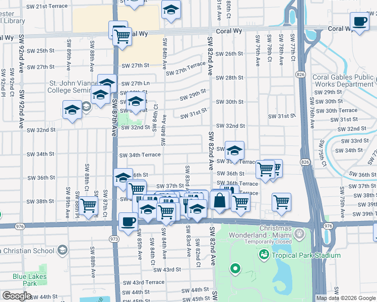 map of restaurants, bars, coffee shops, grocery stores, and more near 8271 SW 34th Terrace in Miami