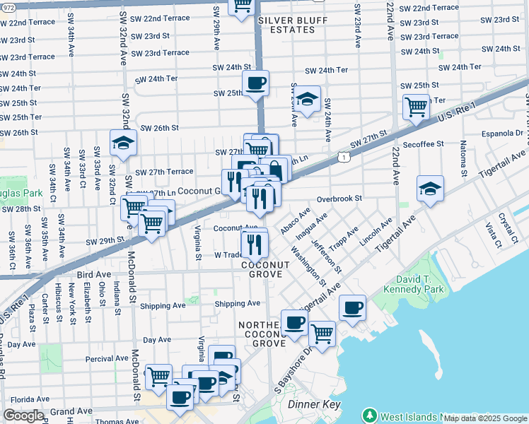 map of restaurants, bars, coffee shops, grocery stores, and more near Southwest 27th Avenue in Miami