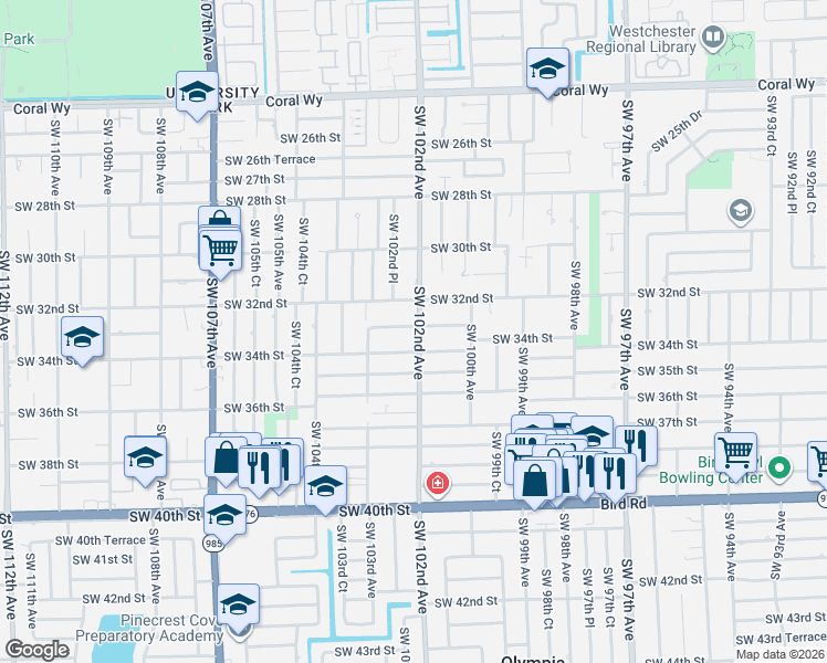 map of restaurants, bars, coffee shops, grocery stores, and more near 10140 Southwest 33rd Street in Miami