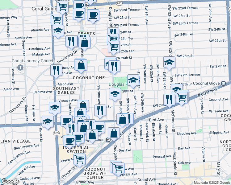 map of restaurants, bars, coffee shops, grocery stores, and more near in Miami