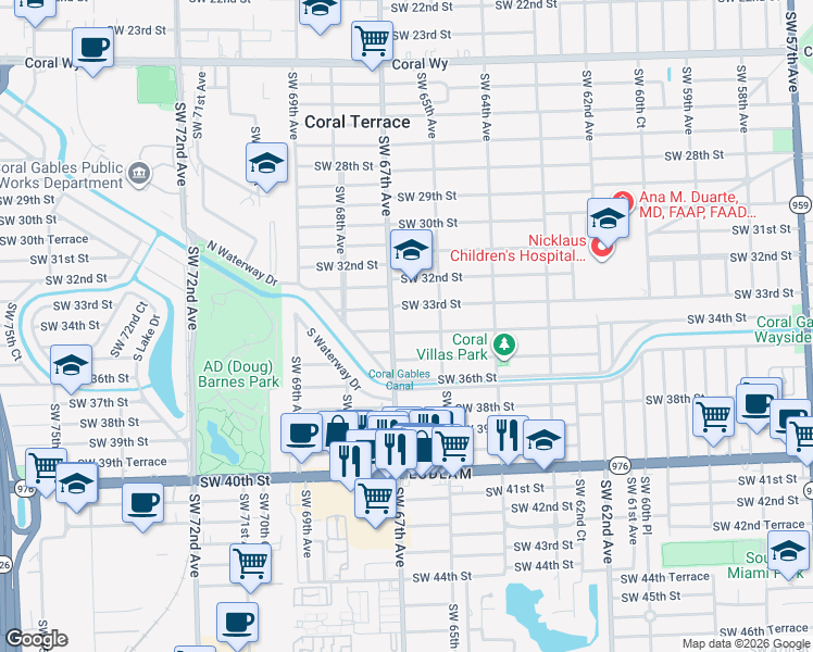 map of restaurants, bars, coffee shops, grocery stores, and more near 6571 Southwest 34th Street in Miami