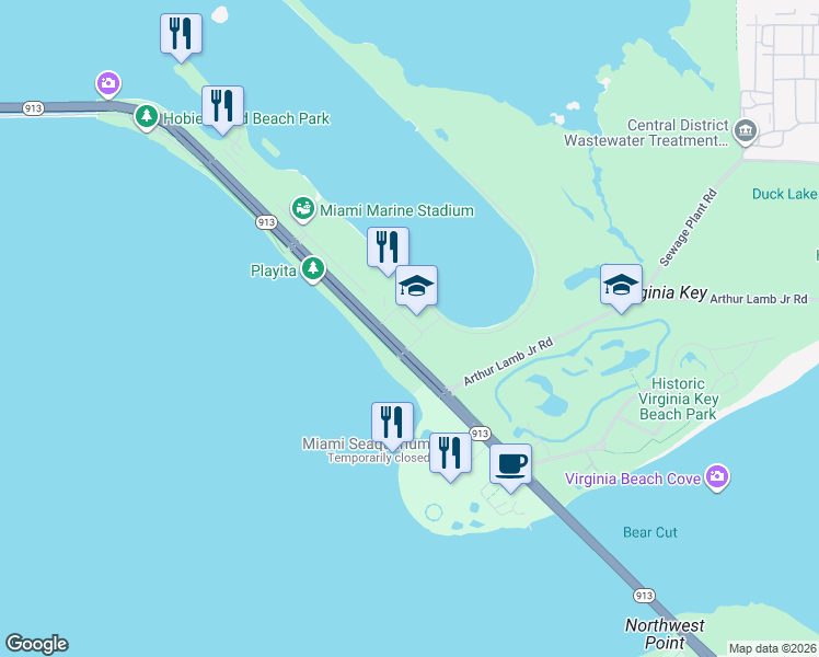 map of restaurants, bars, coffee shops, grocery stores, and more near 3979 Rickenbacker Causeway in Miami