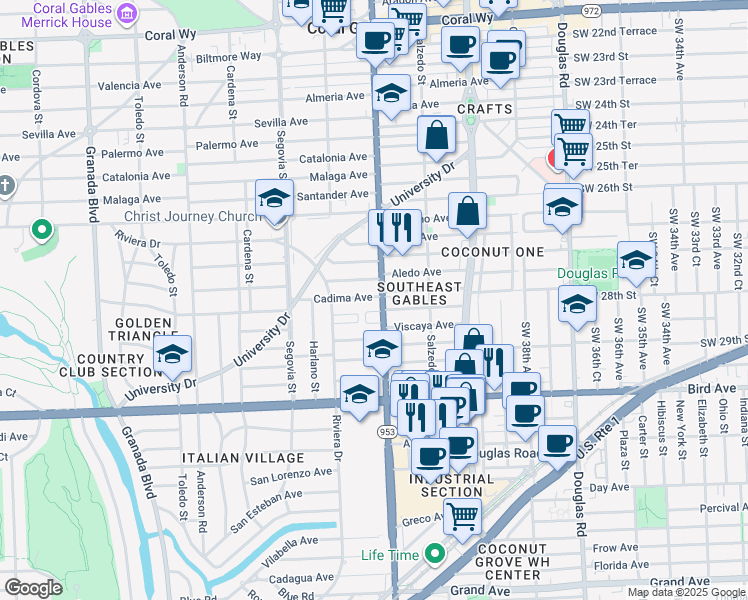 map of restaurants, bars, coffee shops, grocery stores, and more near 345 Alesio Avenue in Coral Gables