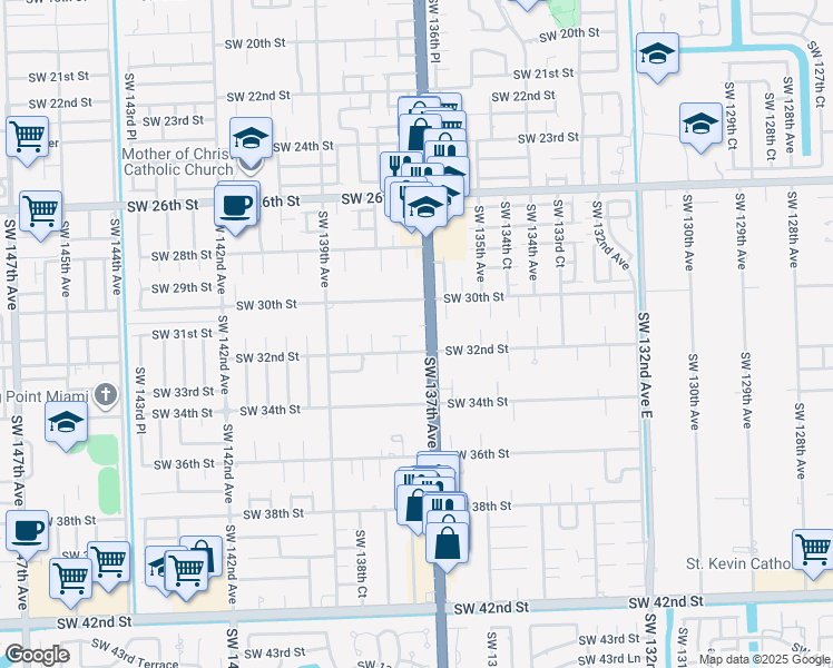 map of restaurants, bars, coffee shops, grocery stores, and more near 13712 Southwest 31st Street in Miami