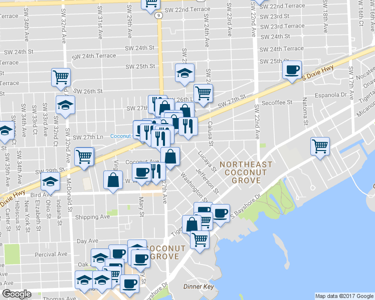 map of restaurants, bars, coffee shops, grocery stores, and more near 2497 Abaco Avenue in Coconut Grove