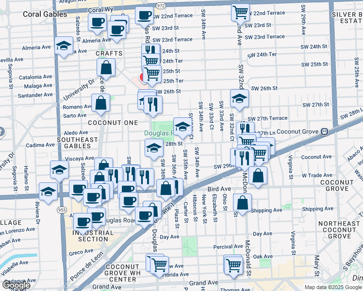 map of restaurants, bars, coffee shops, grocery stores, and more near 2812 Southwest 35th Avenue in Miami