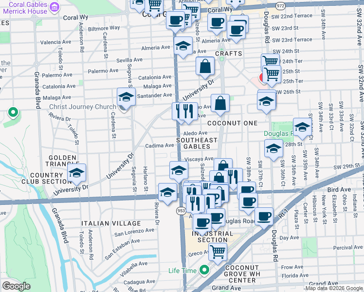 map of restaurants, bars, coffee shops, grocery stores, and more near 345 Alesio Avenue in Coral Gables